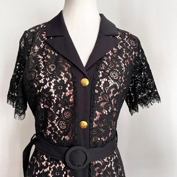 NWT DALIA MACPHEE BLACK LACE BELTED PENCIL DRESS STYLE D1719 - M - Picture 4 of 14